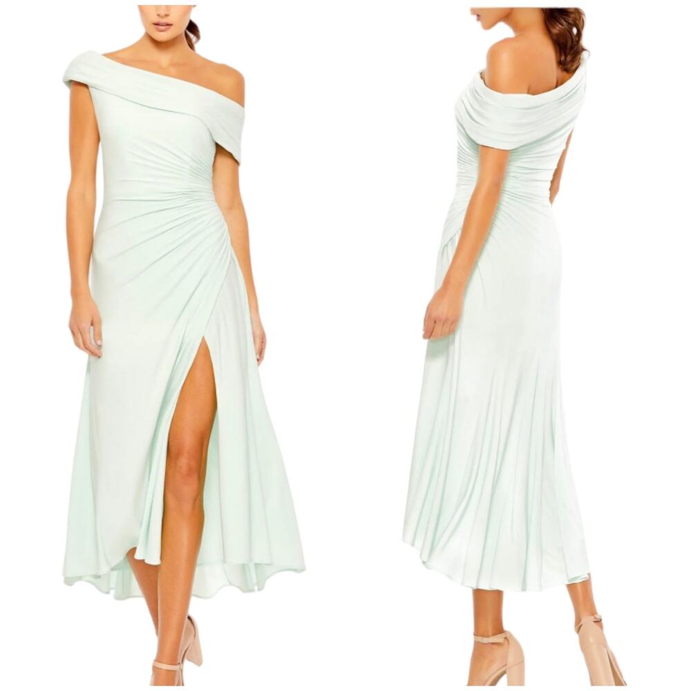 Mac Duggal NWT Asymmetric One Shoulder Ruched Midi Dress Size 2 Green Side Slit